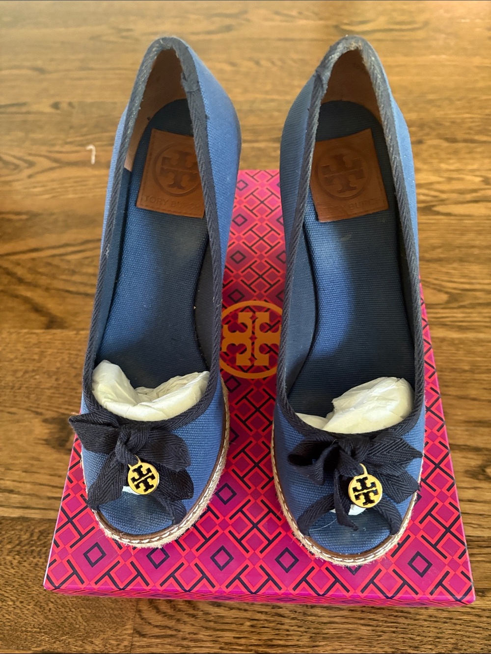 Tory Burch Navy Canvas Espadrille Wedge with Bow and Gold Logo